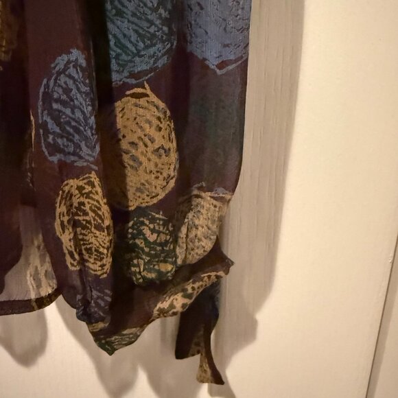 BCBGMaxAzria | Silk + Lace Sheer Patterned Blouse | Brown/Navy | Size: L - Picture 7 of 10